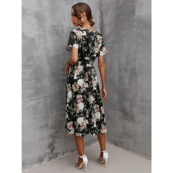 boho yellow Floral Shirred Wrap midi Dress - Picture 9 of 10